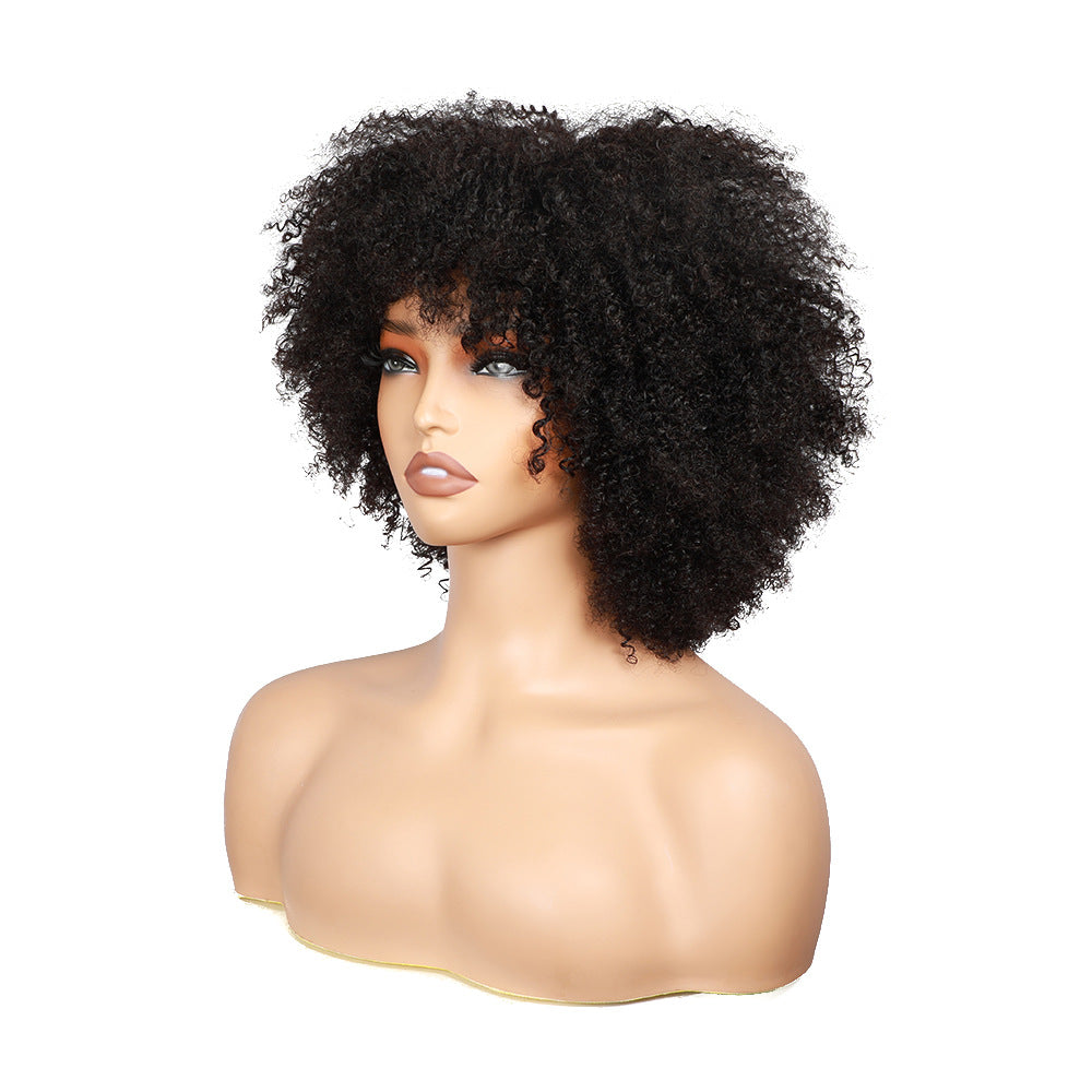 Afro Kinky Curly Human Hair Wig with Adjustable Bangs