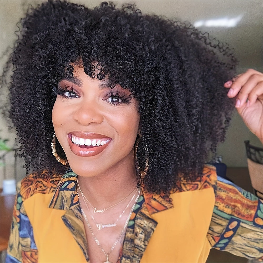 Afro Kinky Curly Human Hair Wig with Adjustable Bangs
