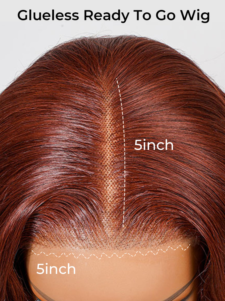 Close-up of the 5x5 pre-cut lace parting on a reddish brown glueless wig