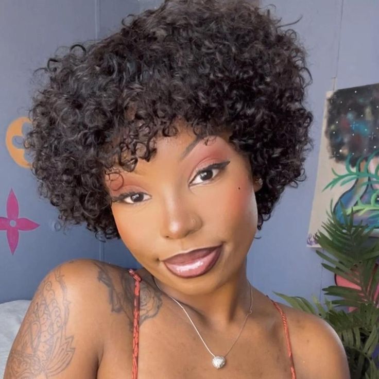 Curly Human Hair Pixie Cut Wig with Side Bangs