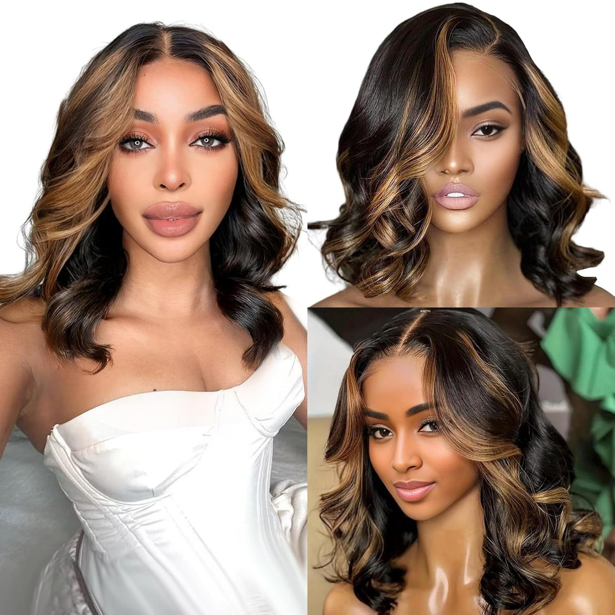 Highlight Body Wave Bob Human Hair Wig, 4x4 Lace, 1B/30