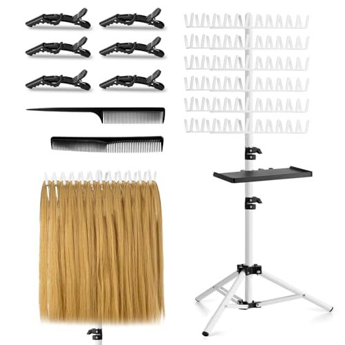 White hair rack stand with tray, clips and comb, holding hair