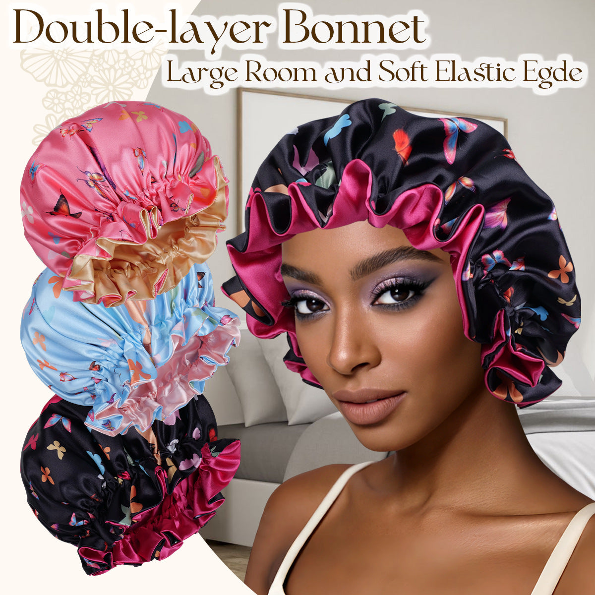 Double Layer Butterfly Print Bonnet - Lace Avenue Hair 2