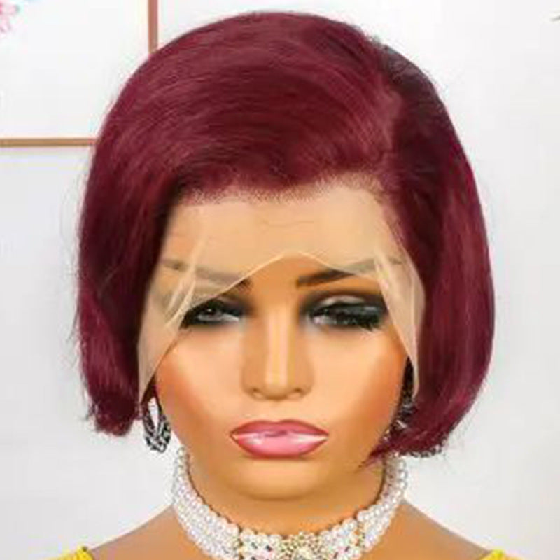Pixie cut wig in 99J burgundy on a mannequin