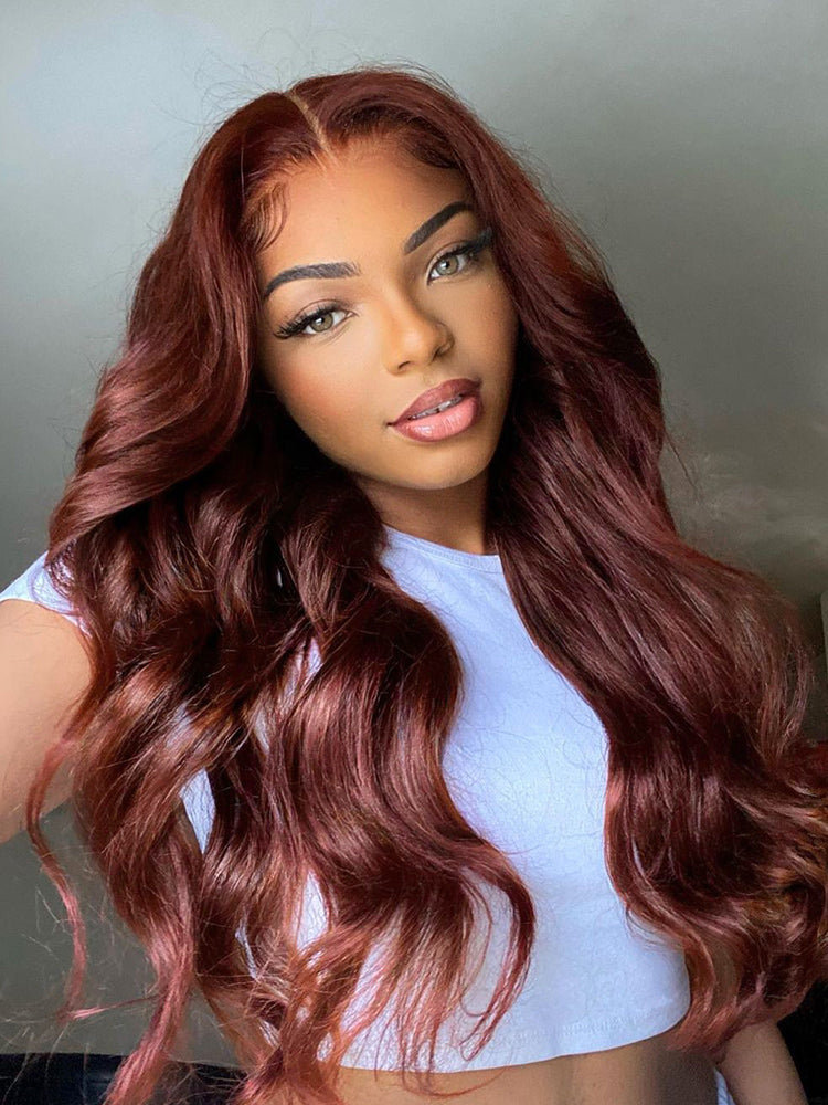 Reddish brown body wave glueless wig with 5x5 lace, front view